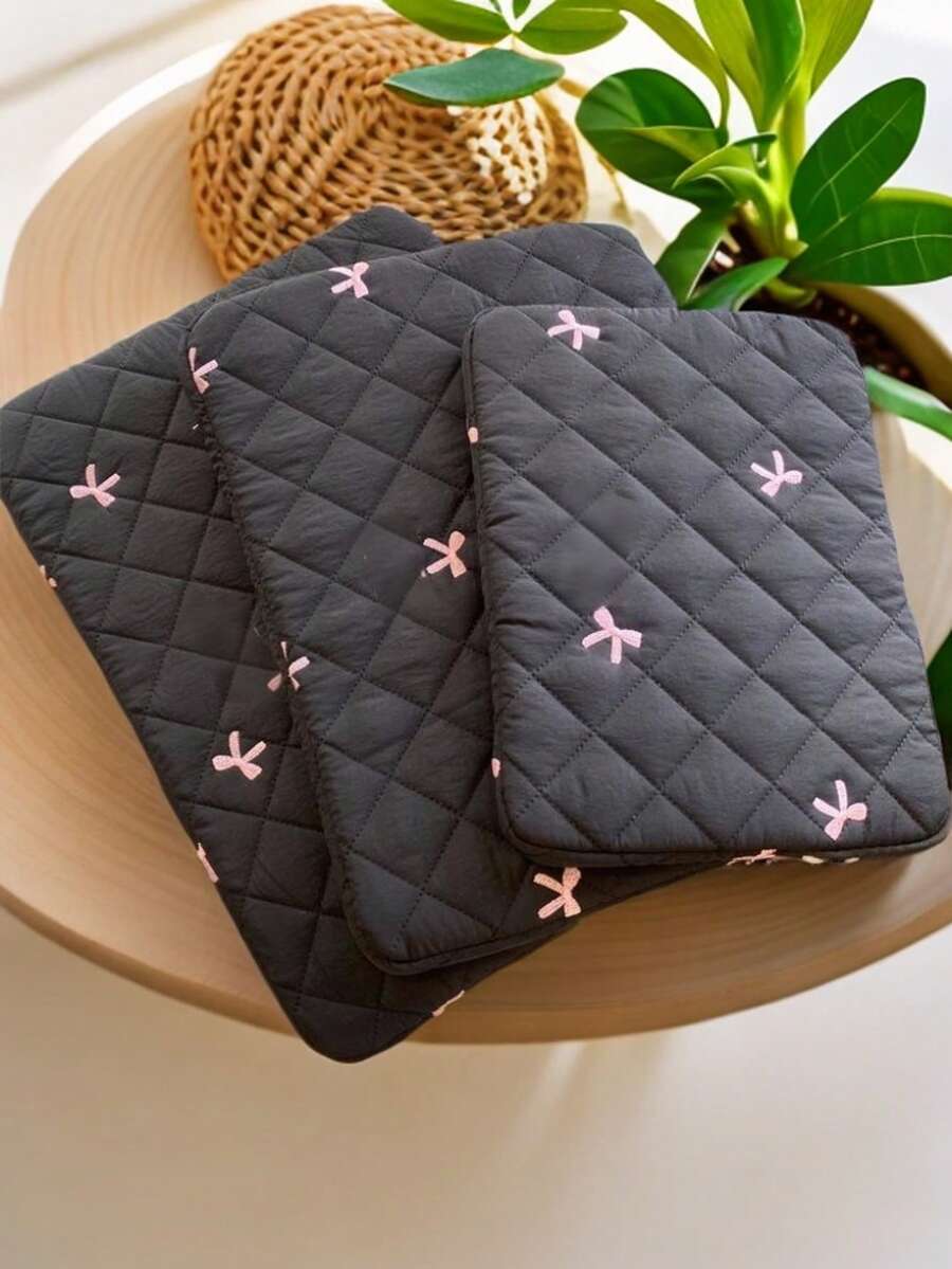 1个韩式扁平笔记本电脑内胆包，可爱水钻格纹刺绣蝴蝶结黑色笔记本电脑包，大容量，方便户外携带，秋季大学生必备，女士保护套，笔记本电脑内袋，返校笔记本电脑包，旅行笔记本电脑保护套，防水便携，男士笔记本电脑包 - 黑色 - 查看 1