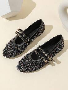 Women's Round Toe Flat Mary Jane Shoes With Metallic Accent, Fall, Autumn, Fashion Slip-On Flats