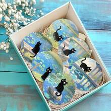 6pcs/Set 10x10cm Waterproof Anti-Slip Wooden Coasters With Black Cat Pattern, Unique Home Decor Gift For Coffee Lovers, Kitchen Decor, Tabletop Decoration. Available In 1 Set Or 31 Sets. - Multicolor - View 1