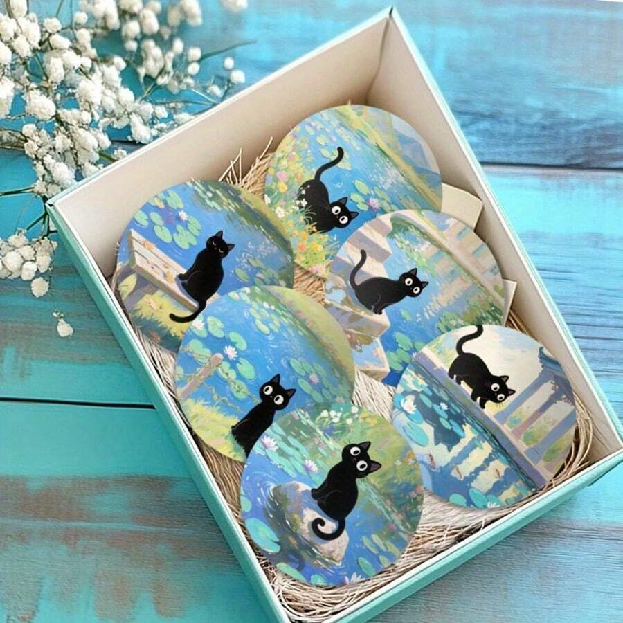 6pcs/Set 10x10cm Waterproof Anti-Slip Wooden Coasters With Black Cat Pattern, Unique Home Decor Gift For Coffee Lovers, Kitchen Decor, Tabletop Decoration. Available In 1 Set Or 31 Sets. - Multicolor - View 1