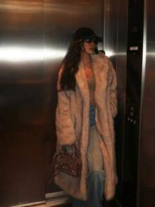 Manteau en fausse fourrure rayé bicolore de luxe pour femmes, automne/hiver - Nude - Voir 4