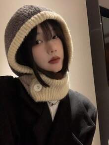 1pc Women's Grey Balaclava Hat, Knitted Beanie Scarf Set For Autumn/Winter, Suitable For Holidays And Daily Use - Grey - View 3