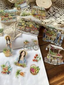 20pcs/Pack Cute Cartoon Girl, Flower, Vegetable, Food, Fruit Market Sticker Set, Vintage Adorable Stickers For Scrapbooking, Diary, Planner, Decor, Waterproof PET, Party Favors