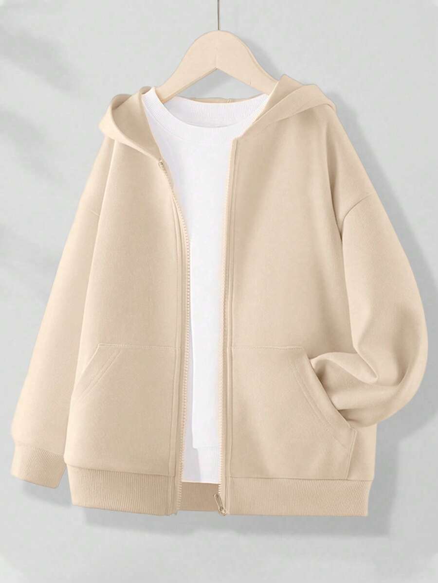 女童中大童连帽拉链运动衫，带口袋，秋冬款，简约风格，漂亮 - 杏色 - 查看 1