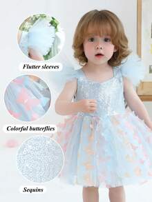 女婴蓝色荷叶袖亮片3D蝴蝶结优雅派对礼服，公主裙，适合宝宝一周岁生日派对、婚礼、宴会、花童等场合。 - 淺藍色 - 查看 4