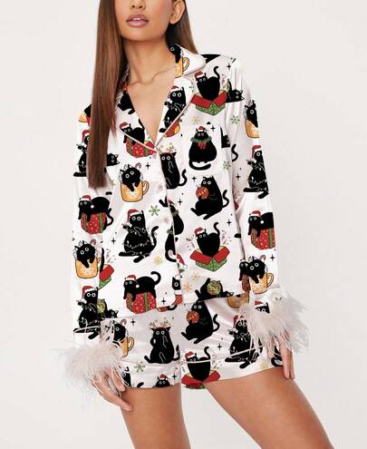 Christmas Feather Stitched Pajama Set Bow Print Set Of 2