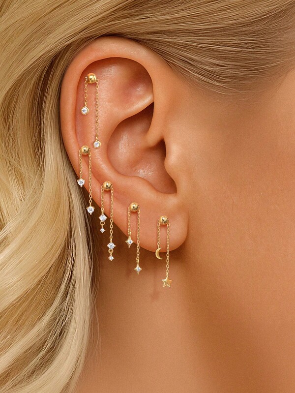 1 pieza Pendiente de plata de ley 925 con colgante de estrella y luna, cadena ajustable, joyería minimalista para boda, fiesta y regalo para ella, joyería fina