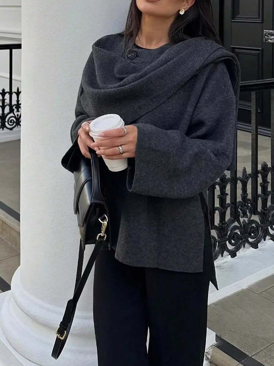 Chaqueta de punto informal con estilo de bufanda, de corte asimétrico y ultra holgada para mujer - Gris - Ver 1