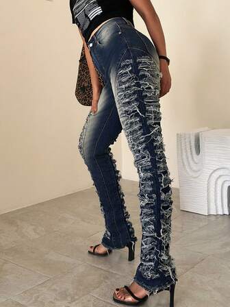 STLY 女款阔腿牛仔裤，复古做旧不对称磨边设计感，个性小众美式复古高街甜美酷炫中性四季百搭牛仔长裤，优雅波西米亚流苏边牛仔裤，适合日常穿着，舞台表演，演唱会，机场，四季皆宜