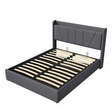 MISNODE Upholstered Bed, Double Bed 140x200/160x200 Cm, Youth Bed With Hydraulic Storage And Slatted Frame, Metal Frame, Modern Bedroom Storage Bed, Without Mattress, Grey, Linen, Suitable For Adults And Teenagers - 灰色 - 查看 10
