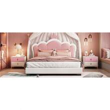 Full Size Upholstered Princess Bed With Crown Headboard For Girls, Full Size Platform Bed With Headboard And Footboard, White + Pink