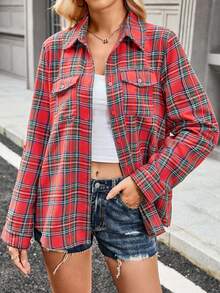 女士法兰绒格子口袋长袖舒适棉混纺衬衫，休闲百搭，适合外出、周末、学院风、通勤等场合。翻领纽扣衬衫，适合秋冬季、圣诞节、新年派对、女士圣诞装扮。 - 紅色 - 查看 6