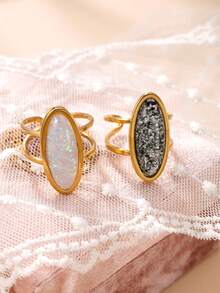 1 pieza de anillo ajustable de acero inoxidable con diseño de gema ovalada de moda, chapado en oro de 18k, adecuado para uso diario de mujeres, citas festivas, compromisos, bodas, accesorio que puede regalarse a amantes, amigos y familiares