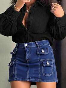 Falda corta vaquera cargo de tiro alto, diseño de múltiples bolsillos, versátil para uso casual - Azul Marino - Ver 2