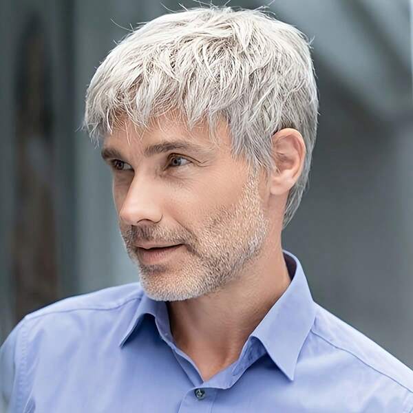 1 pieza Peluca sintética resistente al calor de color gris plateado con capas para hombres, peluca corta para hombres, peluca sintética de fibra de seda esponjosa resistente a altas temperaturas para hombres - Esencial para uso diario, fiestas y Halloween!