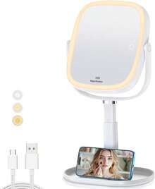 XXZU Espejo con luz para Maquillaje,Espejo de Doble Cara Recargable de mAh,Espejos de tocador con Soporte para Celular,Aumento de 1X/10X,Giratorio de 360 ° ,3 ajustes de Color, Brillo Ajustable GRU3 - 1 - Ver 2