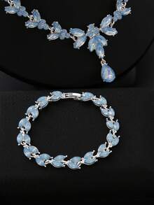 4 Pieces/Set Rhinestone Rhinestone Bridal Bridesmaid Jewelry Set, Elegant Horse Eye Pointy Rhinestone Leaf Necklace Pendant Earrings Bracelet Set, Suitable For Women's Wedding Party Accessories - Baby Blue - View 4