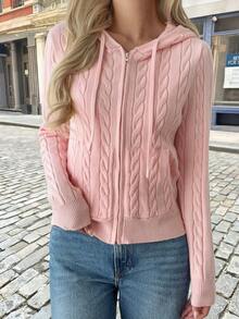 Y2K Stil Damen Casual Pendler einfarbiger Reißverschluss Seitentasche Design Kapuzen Strickjacke, Herbst - Pink - Übersicht 5