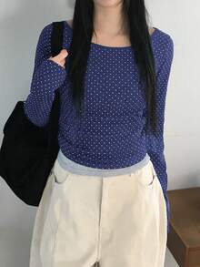 Nora Noon 女士情人节休闲印花针织长袖T恤，适合搭配图案T恤、白色上衣，也适合派对、生日和节日穿着。 - 藏蓝色 - 查看 5