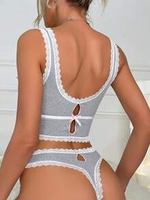 Rib Knit Contrast Lace Bra And Panty Sets For Women Sexy Lingerie Underwear For Everyday And Sports - 灰色 - 查看 2