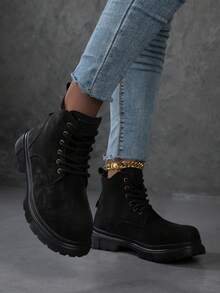 Fall/Winter 2025 New Women Minimalist Lace-Up Front Combat Boots, Outdoor Ankle Boots,Couple Style,Women Boots,Platform Boots - Black - View 4