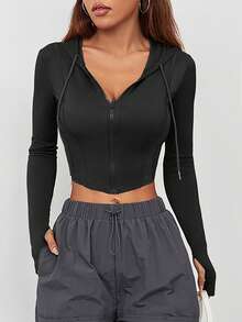 1pc Women's Lightweight Sporty Jacket, Short Zip-Up Outerwear, Fashion Streetwear, With Thumb Holes, Suitable For Gym, Outdoor, Casual Workout, Commuting, Autumn/Winter - Black - View 6