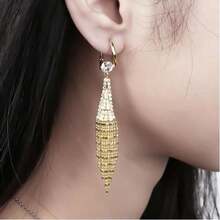 1 Pair Of Luxurious Gold Tassel Hanging Earrings With Shiny Square Crystal Synthetic  - Elegant Personality Jewelry For Parties, Dates And Everyday Charm - 金色 - 查看 4