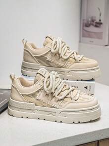 Men's Canvas Sneakers, Fashionable Casual Thick Sole Distressed Slip-On Shoes, Student Shoes - Beige - View 7