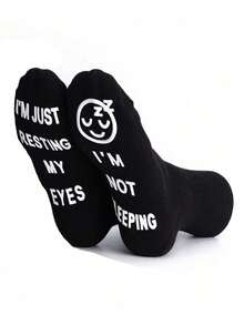 1 Pair Men's Socks, "I'm Not Sleeping, I'm Just Resting My Eyes", Floor Socks, Non-Slip Socks, Funny Socks - Black and White - View 6