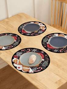 4 Stück Weihnachts-Lebkuchenmann runde hitzebeständige Diatomeen-Erde Untersetzer/Tischsets mit Weihnachtsmann-Mütze und Schal-Design - geeignet für Weihnachts-Esszimmer, Weihnachtsparty-Dekoration, Weihnachtstisch-Dekoration, nur von Hand waschen