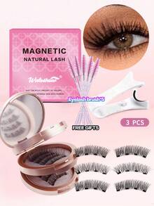Waloshow 3 对/套 CC 卷曲磁性睫毛自然外观磁性睫毛套装，带专业涂抹器 + 5 件睫毛夹、眉刀和眉夹、眼尾拉长、混合风格、3D 自然漫画睫毛猫眼蓬松纤细柔软睫毛假睫毛假睫毛条、2025 年夏季旅行必备品、节日礼物指南、海滩度假、露营旅行、送给女士和女孩的礼物条状睫毛、睫毛、睫毛、假睫毛 - 自然纖長款 - 查看 9