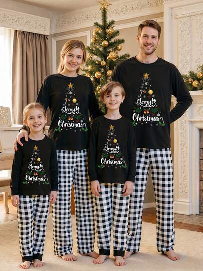 Christmas Family Matching Pajama Sets Plaid And Letter Print Christmas Sleepwear Holiday PJS Sleepwear For Dad Mom Kids