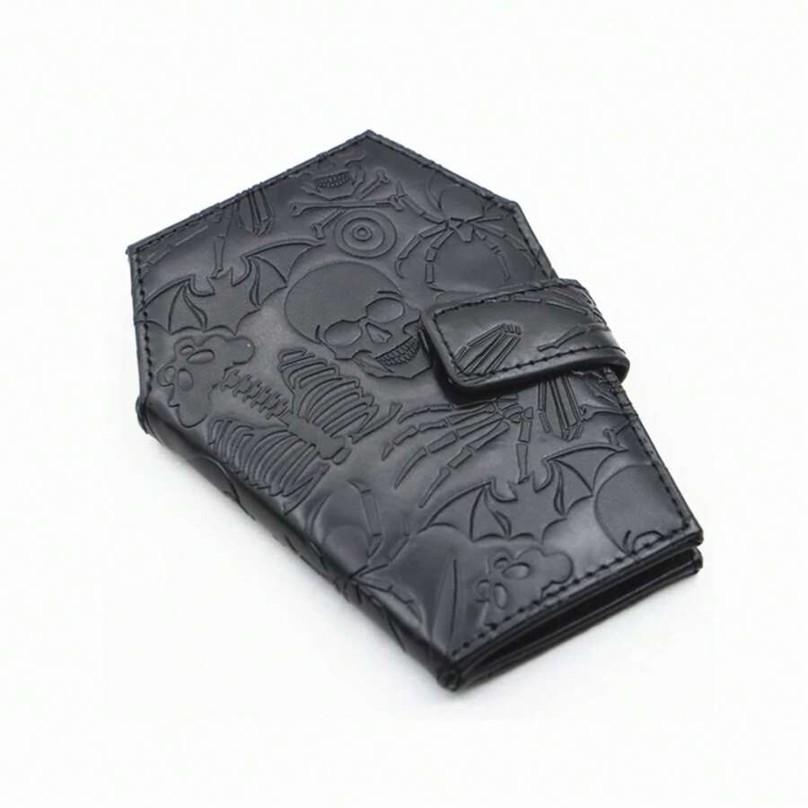 Dark Spooky Goth Vintage Embossed Skull Coffin Wallet Halloween Pattern Clutch Wallet - Black - View 1