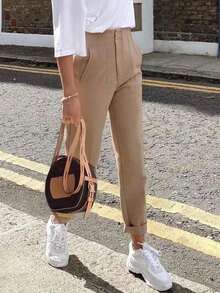 Apperloth A High Waist Patchwork Detail Slant Pocket Casual Carrot Pants Capri, Suitable For Work And Daily Wear - Apricot - View 2