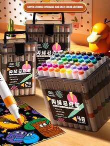 1 Caja negra de barril Pluma marcadora acrílica mejorada y ampliada, Juego de 48 colores de plumas marcadoras, Pluma de acuarela de gran capacidad, Pincel especial para pintura artística, Lavable, Pluma de acuarela para pintura y garabateo, Adecuada para creación artística, pintura y coloración.