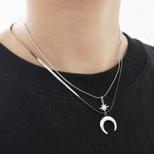 1PC Funky Style Titanium Steel Necklaces For Men Women Star And Crescent Moon Pendants Fashionable Hip-Hop Jewelry For Daily Wear Jewelry Gift - Bạc - Xem 5