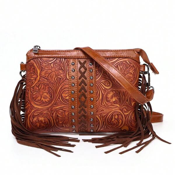 Stylish PU Large-Capacity Tassel Crossbody Bag For Women – Multi-Compartment Design With Vintage Bohemian Western Flair, Featuring Tassel Trim, Rivet & Weaving Craftsmanship. Versatile Shoulder/Crossbody Carry With Detachable Adjustable Straps. Perfect For Shopping, Outdoor Activities, Travel & Outings. Ideal Gift For Family & Friends.
