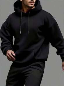 Men's Solid Color Long Sleeve Casual Hoodie With Drawstring And Pockets - 黑色 - 查看 3