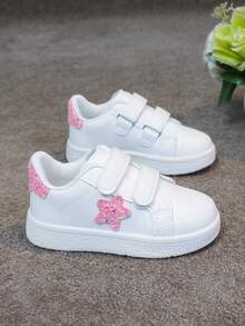 1 Pair Kids Versatile Hook And Loop Breathable White Sneakers With Embroidered Bow, Chinese Knot Decor, Fashion Casual Flat Shoes For Girls And Boys - 粉色 - 查看 7