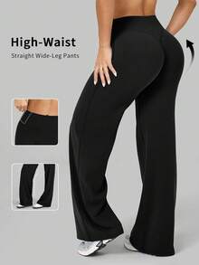 6pecil 1pc Women High Waist Loose Wide Leg Sports Pants, Leggings, Running Pants - Black - View 9
