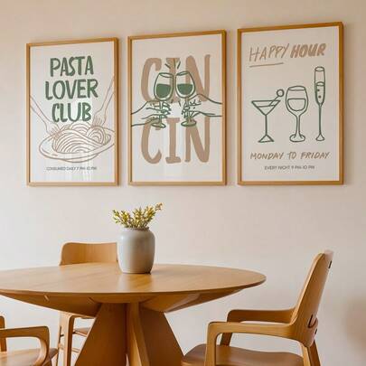 3 st Cin Cin Cheers-tryck, Maximalistisk köksväggkonst, salviagrön och beige barvagnskonst, Cheers retro-affisch, pastakvällstryck, presenter till cocktailälskare, kanvaskonst för vardagsrum, sovrum, kök, matsal, café, bar, hem och rumsdekoration