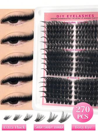 Nuevo paquete de 300/270 pestañas en racimo 30D+50D+80D+100D Mezcla DIY Extensiones de pestañas Volumen D Longitud Única Bandeja mixta de pestañas postizas de visón falso Extensiones en racimo