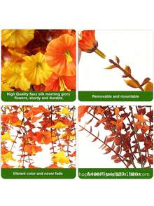 4pcs/2pcs/1pc Artificial Hanging Flower Plants Yellow And Orange For Outdoor Decoration, Simulation Silk Morning Glory With Eucalyptus UV Resistant Lifelike Vines, Suitable For Wall, Home Porch, Patio, Balcony, Courtyard Indoor Decoration, Halloween Decoration, Fall Decoration