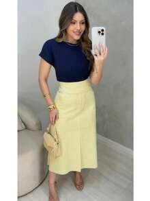 WOMEN'S SUEDE SKIRT WITH ZIPPER AND POCKET. STYLE AND ELEGANCE. - Yellow - View 2