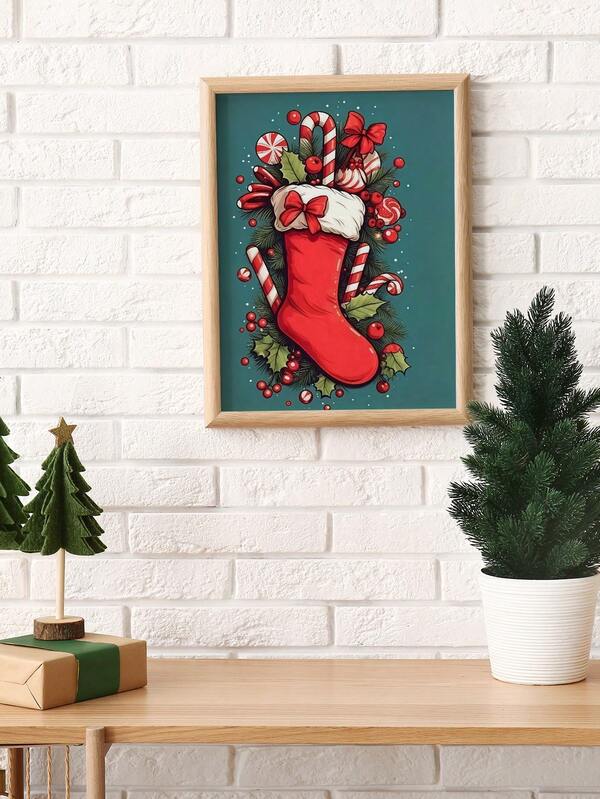 1 Piece Christmas Stocking Posters Candy Canes Hanging Paintings Pine Art Printing Christmas Wall Arts Holiday Wall Prints Wall Artwork Festive Room Decoration Bedroom Wall Decor No Frame