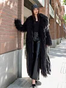 FHILLINUO Women's Elegant Faux Fur Long Coat, Loose Fit, Long Sleeve, Lapel Collar, Pockets, Classic Straight Hem, Black Winter - 多色 - 查看 8