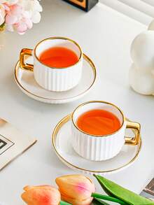 1 套陶瓷杯碟套装，陶瓷茶杯和盘子，咖啡杯碟盘，欧式金边饮具，适合早餐、茶会、下午茶、居家、花园、餐厅，四季皆宜 - 彩色 - 查看 5