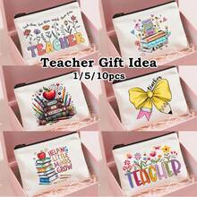 教师礼物，女士铅笔盒和化妆包 | 最佳教师礼物，白色化妆包收纳袋，旅行必需品和学校用品袋，轻便拉链手拿包，教师节礼物创意 - 彩色 - 查看 1