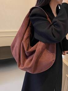 1 件大容量纯色绒面革托特包，女士休闲流浪包，时尚单肩腋下包，适合女性日常使用，秋冬热销女包，女士托特包，完美搭配秋季服装女士 - 咖啡棕 - 查看 3