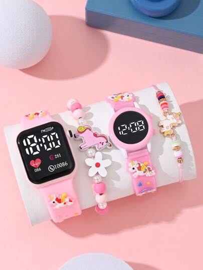 4 Fashionable & Versatile Children's Watches, Designed For Girls, Affordable Price, Ideal For Back To School Season. These Watches Feature Cartoon Unicorn Patterns, Equipped With LED Digital Pointers, And Made Of Electronic Materials.
